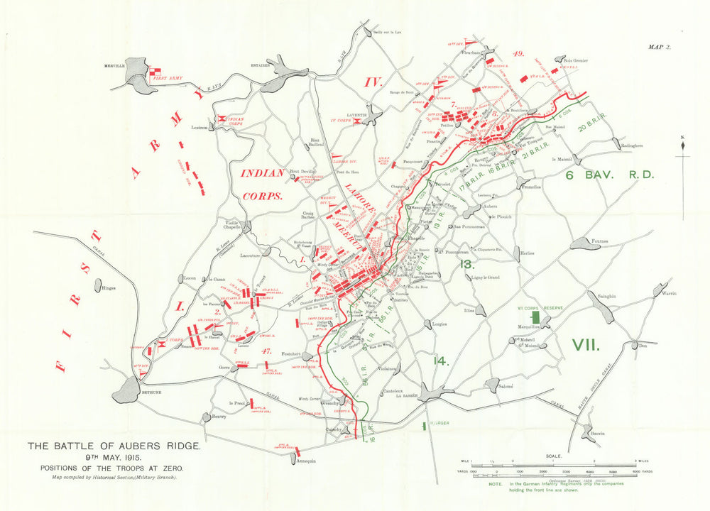 Battle of Aubers Ridge 9th May 1915. Positions of the Troops at Zero 1927 map