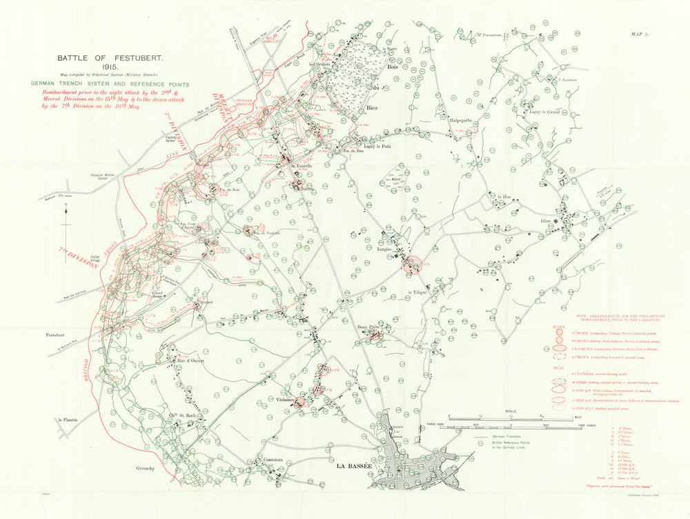 Battle of Festubert 1915. German Trench System. Artillery Bombardments 1927 map
