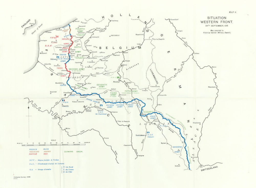 Situation Western Front 24th September 1915. First World War. 1927 old map