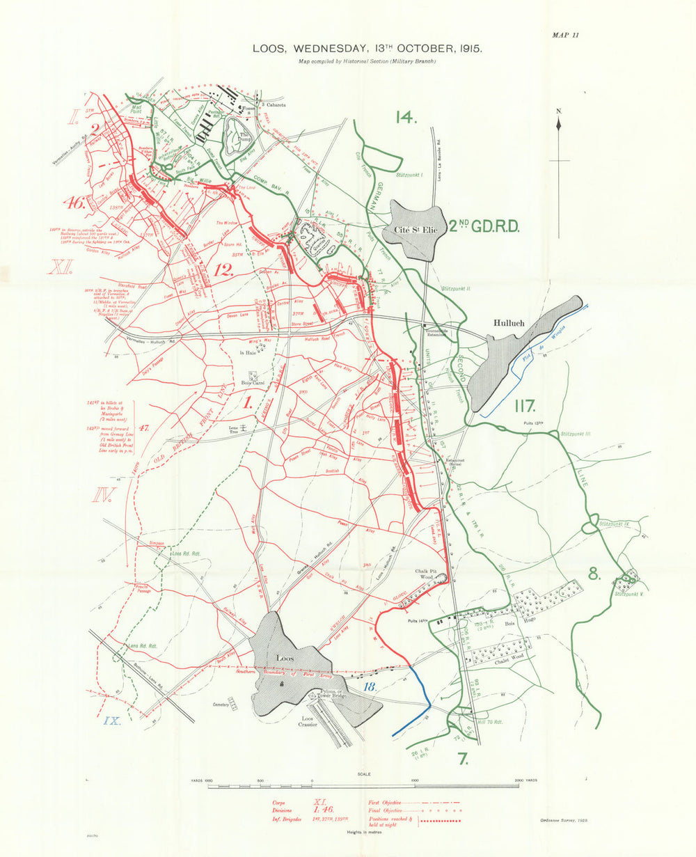 Battle of Loos, Wednesday, 13th October, 1915. WW1. Trenches 1927 old map