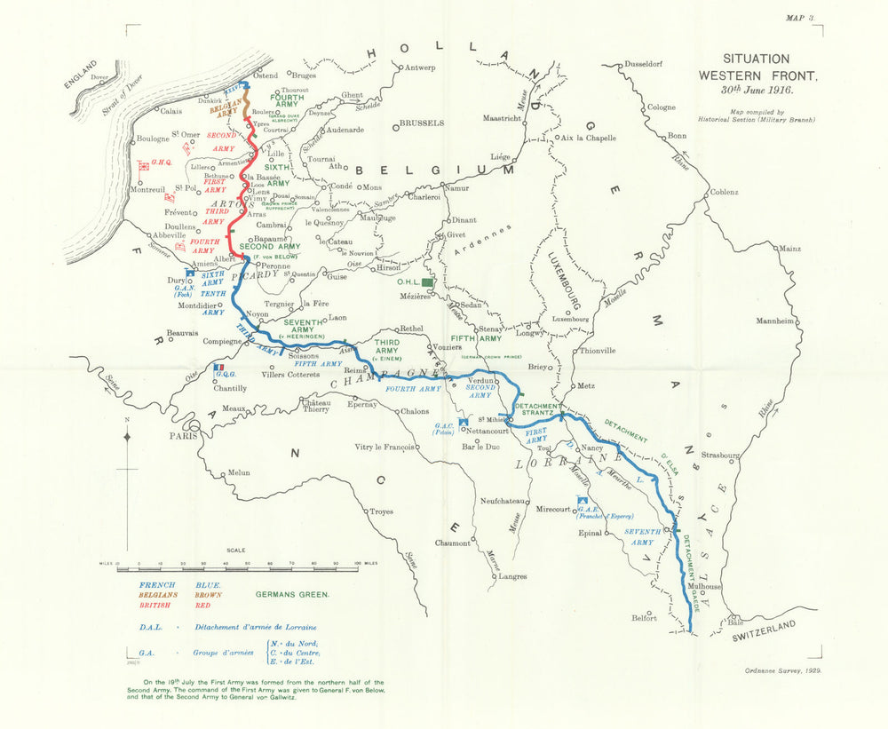 Situation Western Front, 30th June 1916. First World War. 1932 old vintage map