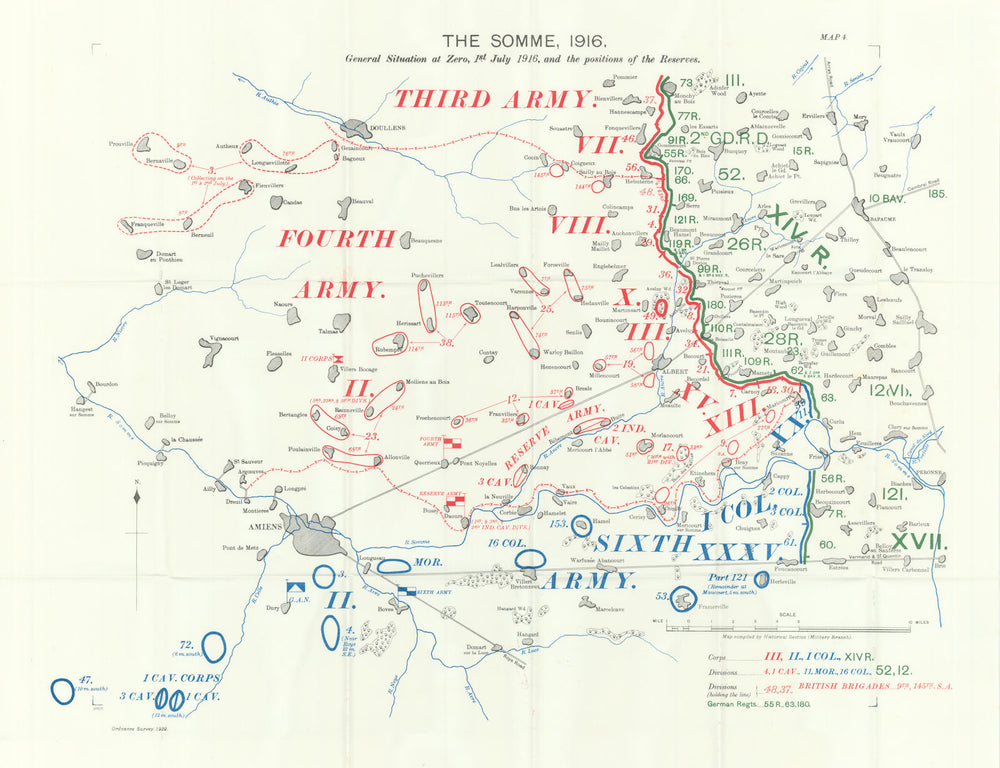 Somme, 1916. Situation at Zero, 1st July 1916 & Reserve positions 1932 old map