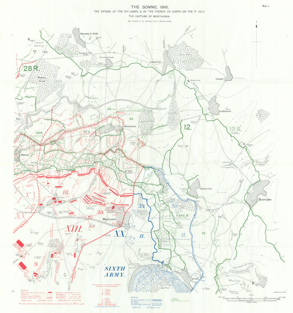 Somme 1st July 1916. XIII & French XXC Corps Mautauban capture Trenches 1932 map