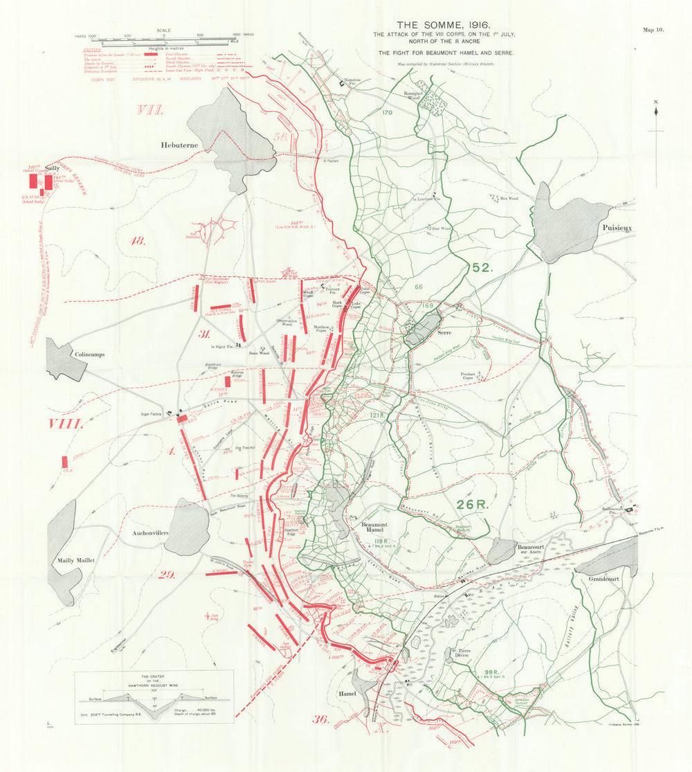 Somme. VIII Corps attack, 1st July 1916. Beaumont Hamel Serre. Trenches 1932 map