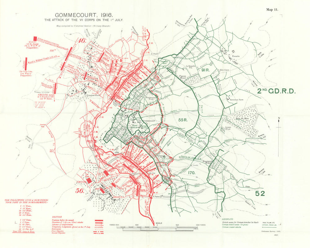 Gommecourt, 1916. VII Corps attack, 1st July. First World War. Trenches 1932 map