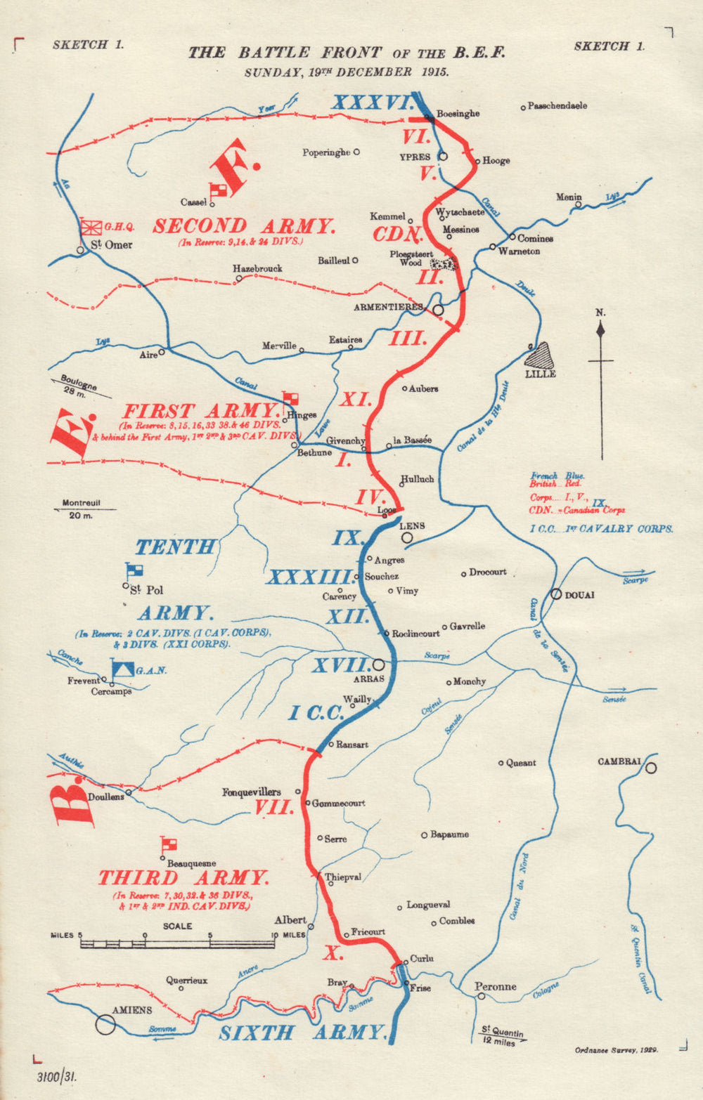 B.E.F. Battlefront, 19th December 1915. Battle of the Somme. WW1. 1932 old map