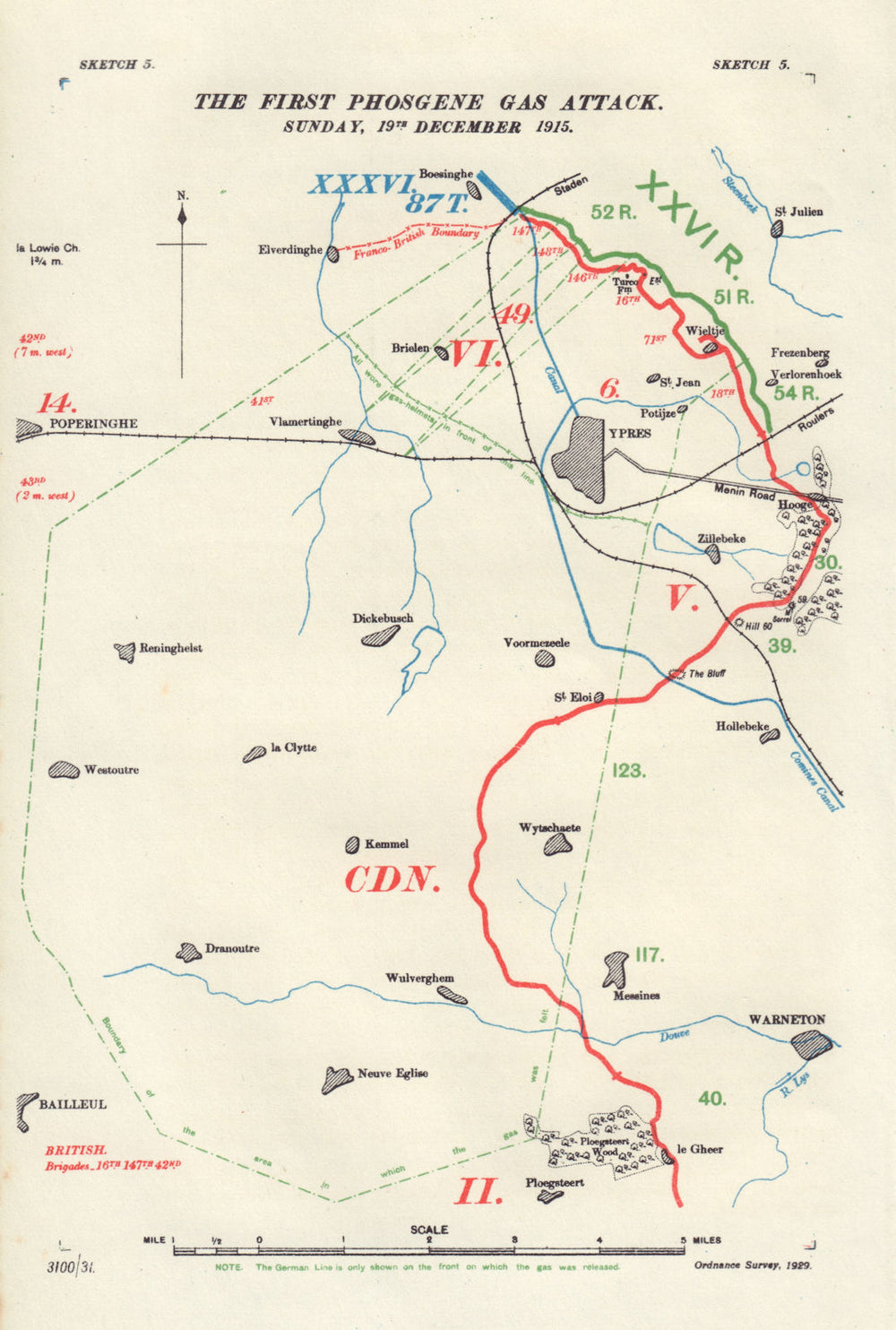 Ypres. First Phosgene Gas Attack, 19th December 1915. Western Front 1932 map