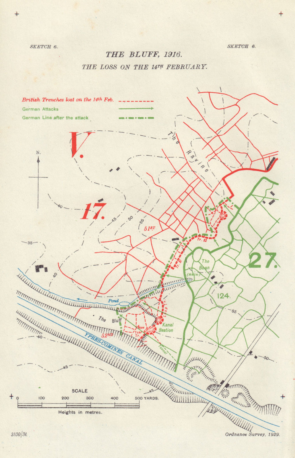 Loss of the Bluff, 14th February 1916. Western Front. WW1. Trenches 1932 map