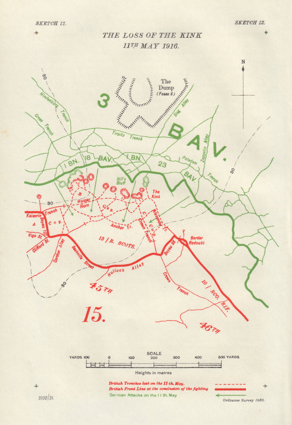 The Loss of the Kink Salient. 11th May 1916. First World War. Trenches 1932 map