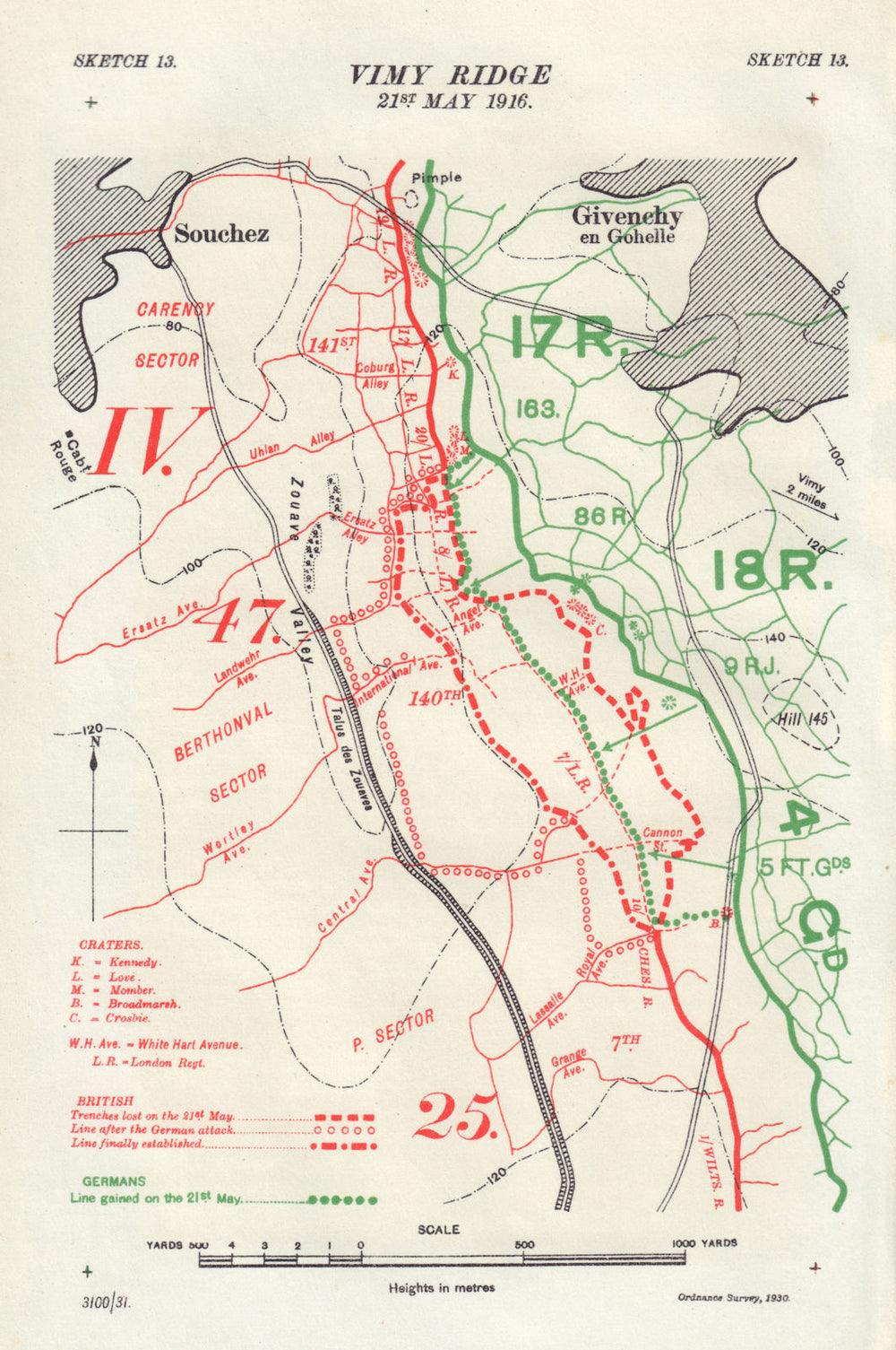Battle of Vimy Ridge, 21st May 1916. First World War. Trenches 1932 old map