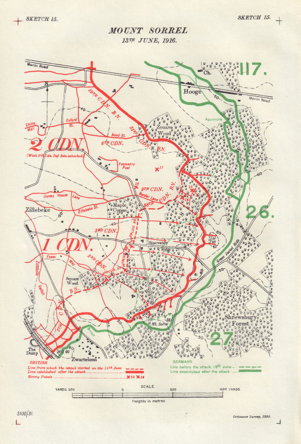 Battle of Mount Sorrel, 13th June 1916. Ypres Salient. WW1. Trenches 1932 map