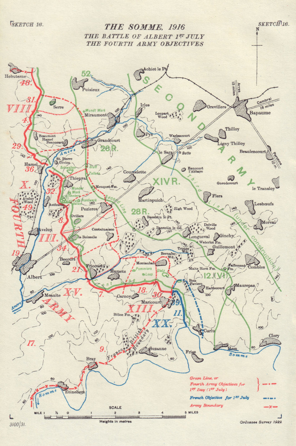 Somme, 1916. Battle of Albert 1st July, 4th Army Objectives. Trenches 1932 map