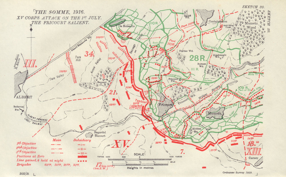Somme, 1916. XV Corps attack, 1st July. Fricourt Salient. WW1. Trenches 1932 map