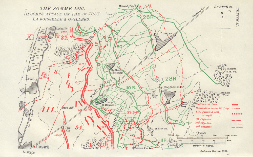 Somme. III Corps attack 1st July 1916. La Boisselle/Ovillers. Trenches 1932 map