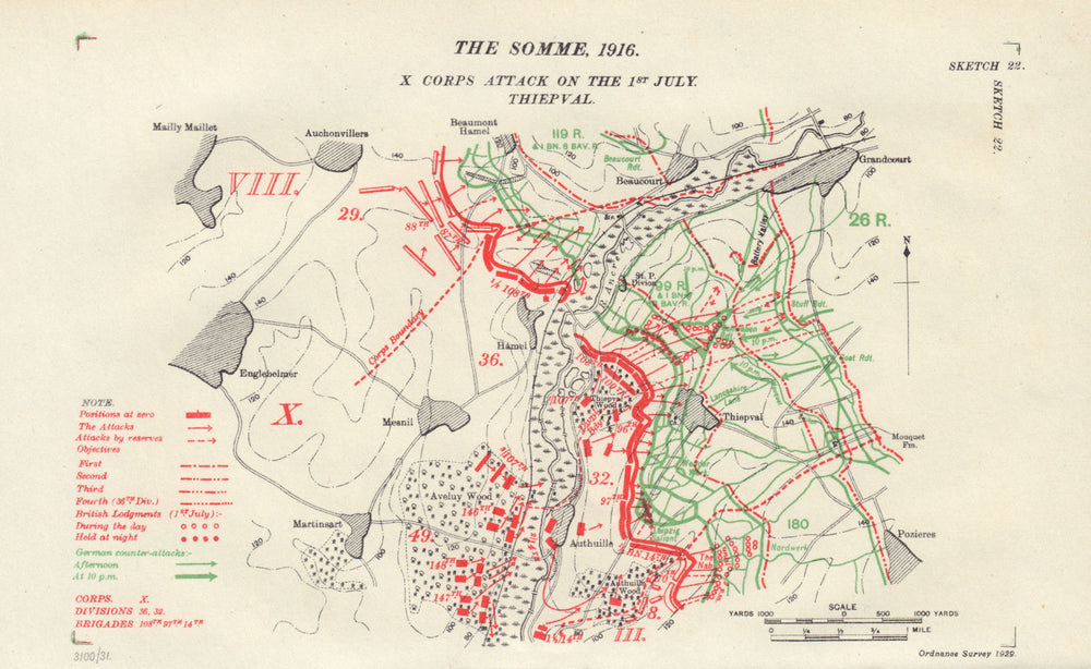 Somme, 1916. X Corps attack, 1st July. Thiepval. WW1. Trenches 1932 old map