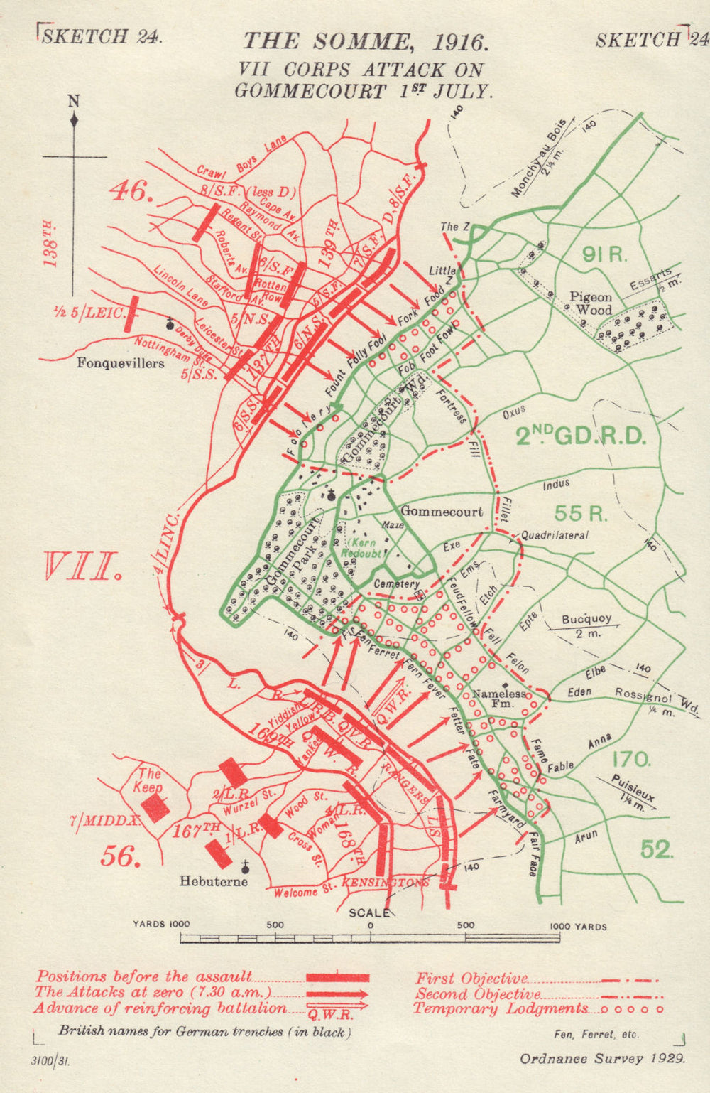Somme, 1916. VII Corps attack on Gommecourt 1st July. WW1. Trenches 1932 map