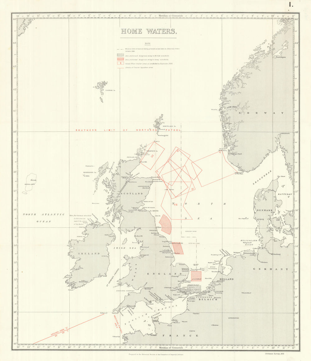 Home Waters. Blockade of Germany. Minefields. 1914. First World War. 1920 map