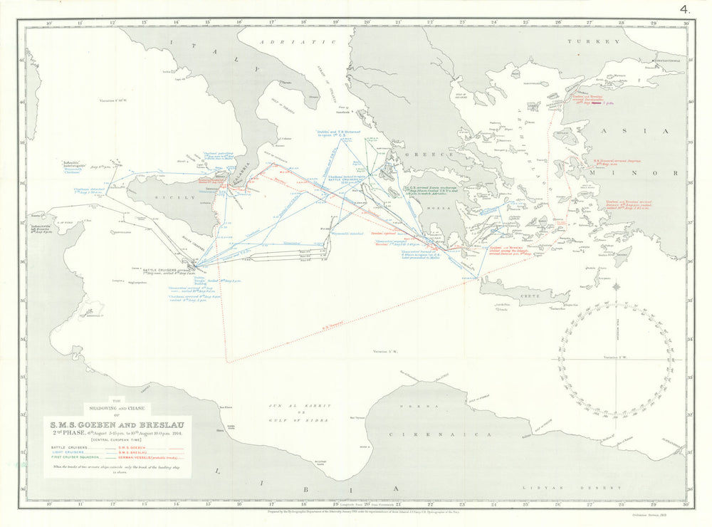 Pursuit of SMS Goeben & Breslau. 6-10th August 1914. First World War. 1920 map