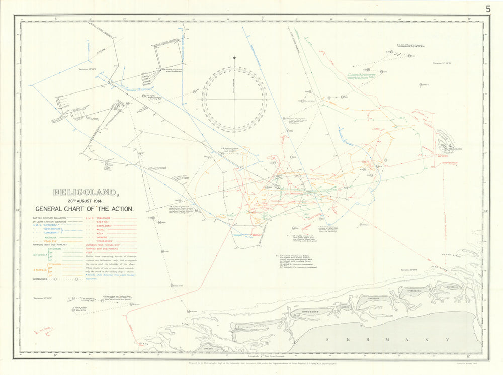 Battle of Heligoland Bight, 28th August 1914, First World War. 1920 old map