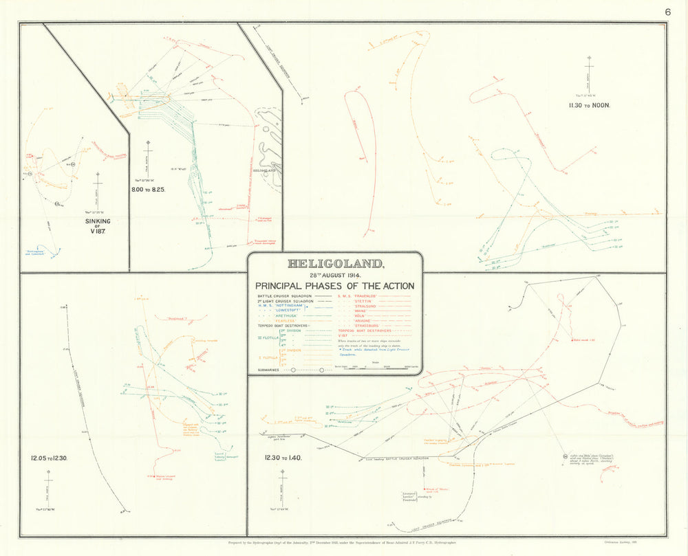 Battle of Heligoland Bight, 28th August 1914. Principal Phases. WW1. 1920 map