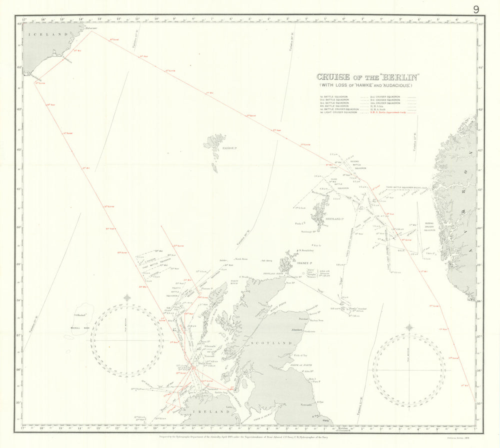 SMS Berlin route. Loss of HMS Hawke & Audacious 1914. First World War. 1920 map