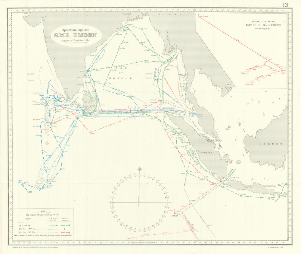 Pursuit of SMS Emden August-Nov 1914. Indian Ocean. First World War. 1920 map