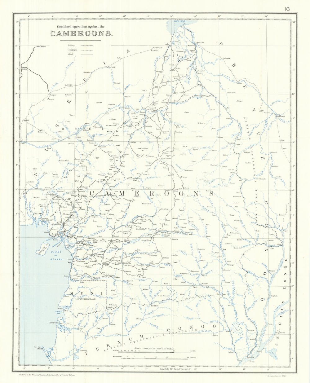Cameroon operations. Kamerun Campaign. 1914. First World War. 1920 old map