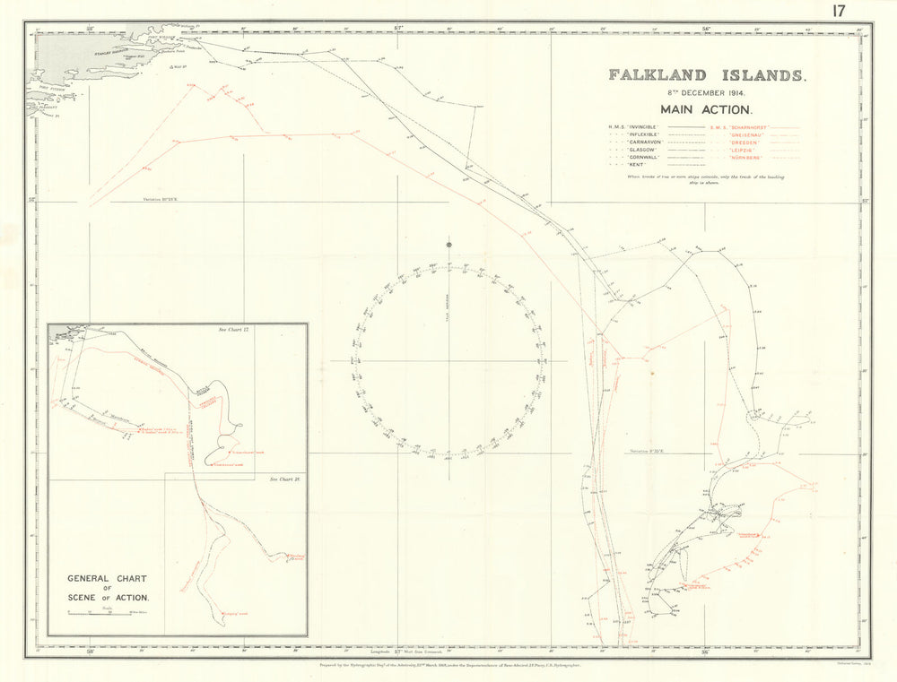 Battle of the Falkland Islands 8th December 1914. Main Action. WW1. 1920 map