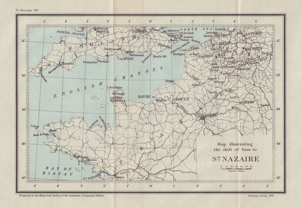 Map illustrating the shift of base to St Nazaire 1914. First World War. 1920