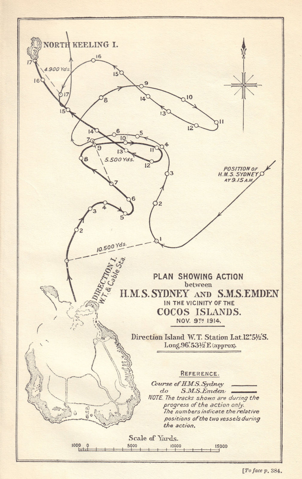 Battle of Cocos Islands, Nov 9th 1914. HMS Sydney & SMS Emden. WW1. 1920 map