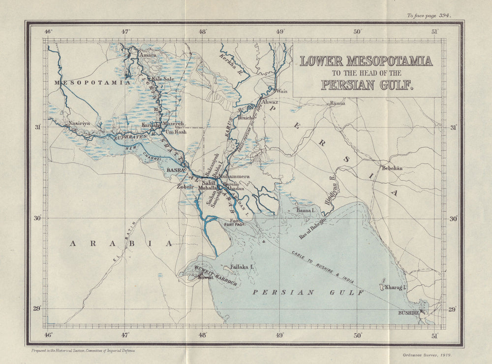 Lower Mesopotamia to the Persian Gulf. Basra. Iraq. First World War. 1920 map