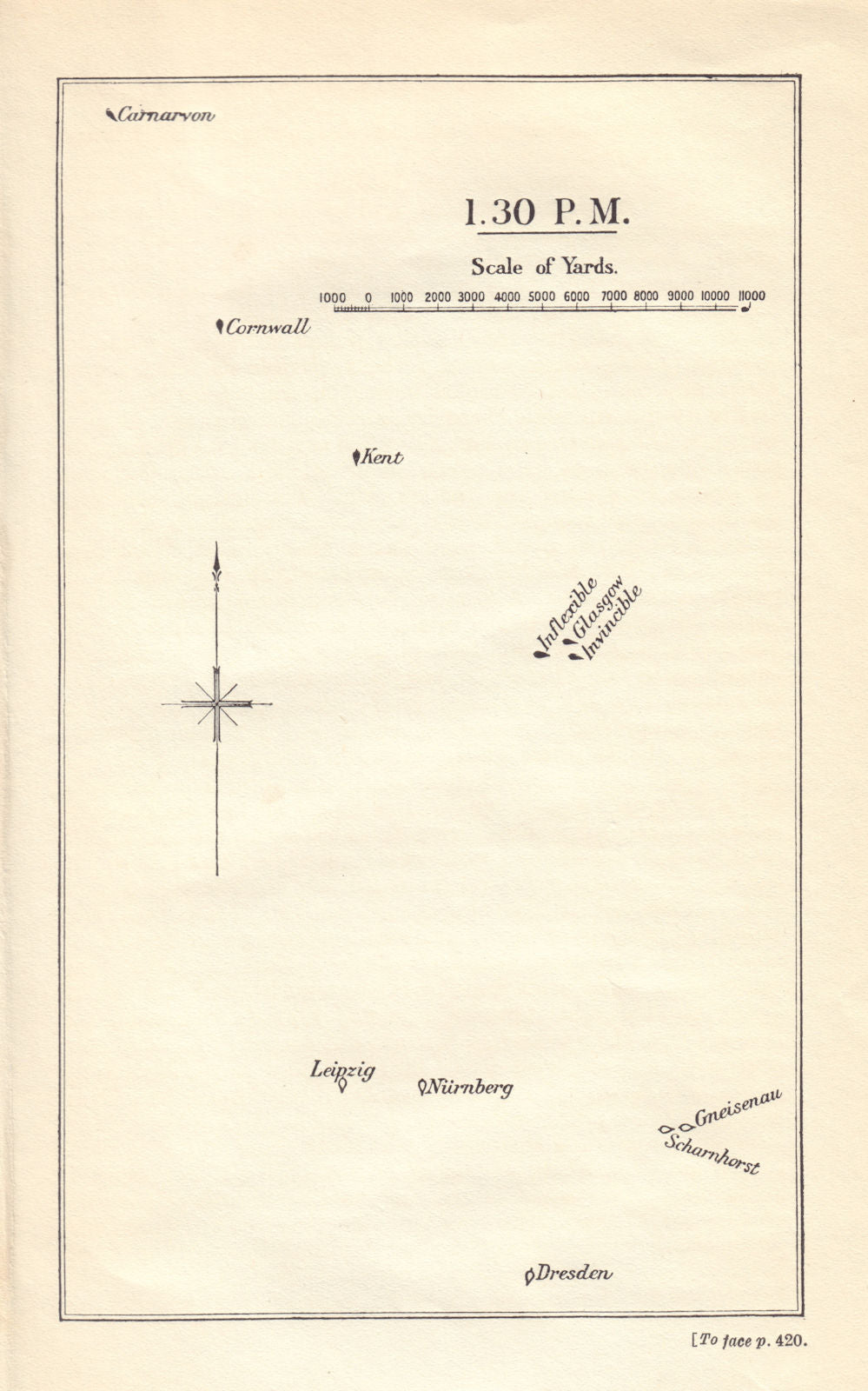 Battle of the Falkland Islands. 1.30pm, 8th December 1914. WW1. 1920 old map