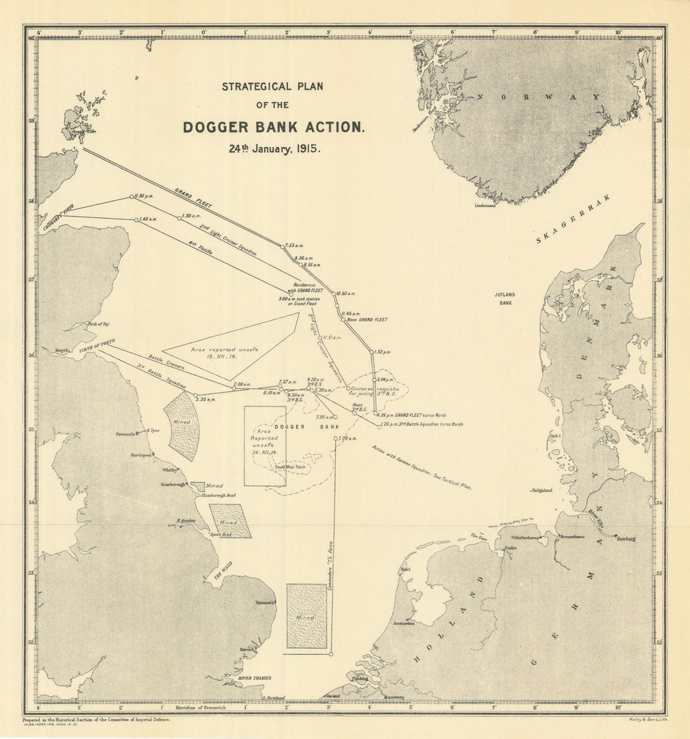 Battle of the Dogger Bank, 24th January 1915. First World War. 1921 old map