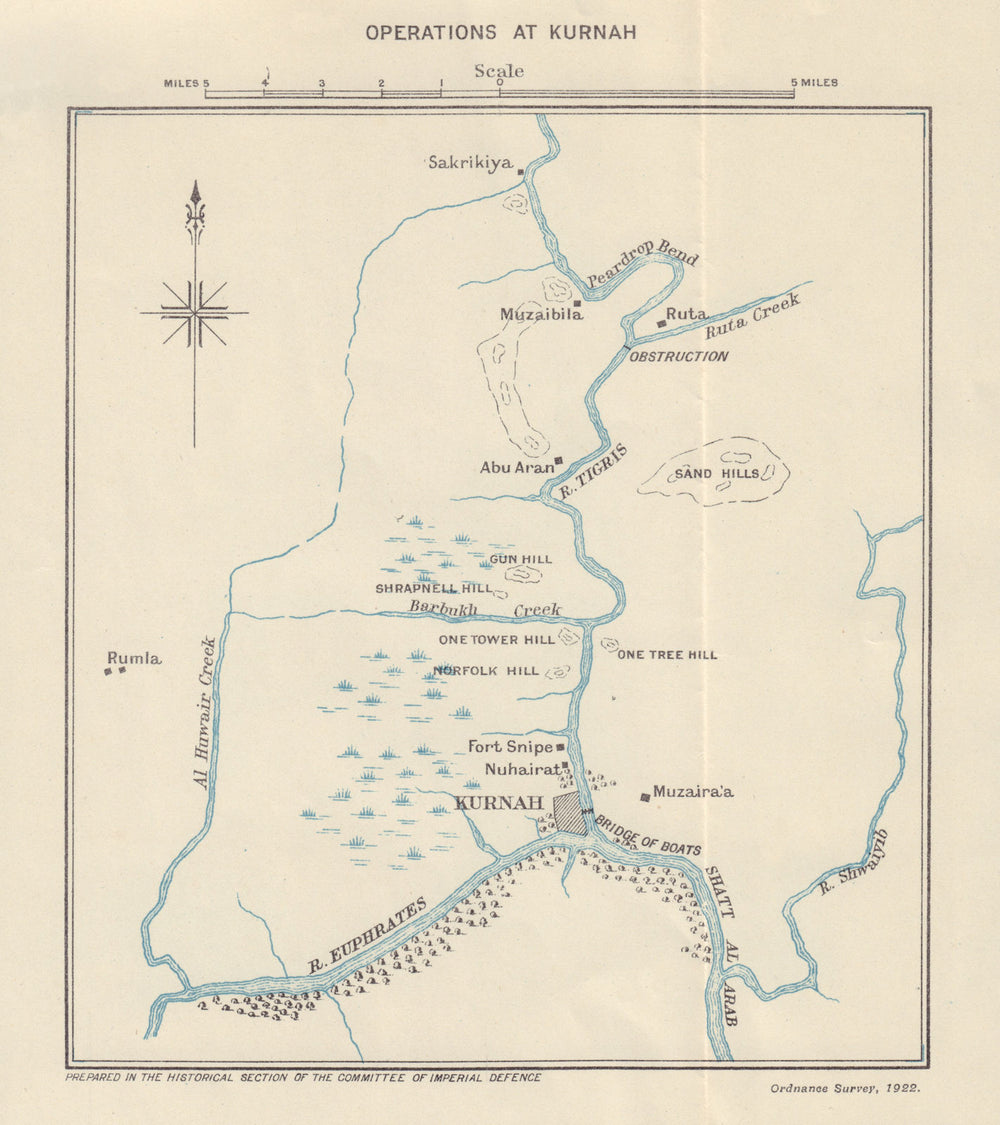 Kurnah/Qurnah Operations 1915. Mesopotamian Campaign. Iraq. WW1. 1923 old map