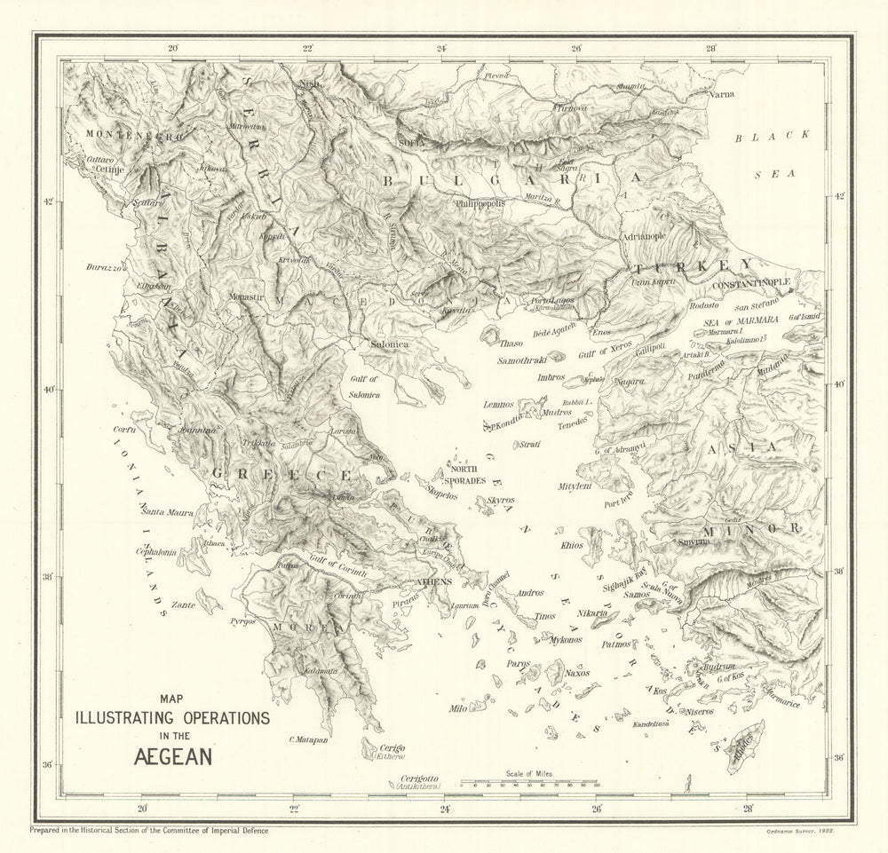 Map illustrating operations in the Aegean 1915. First World War. 1923 old