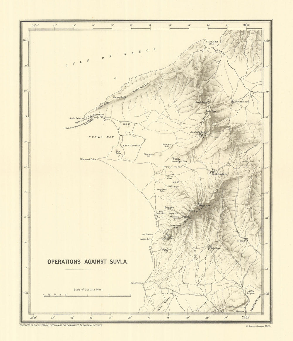 Operations against Suvla. Gallipoli Campaign 1915. First World War. 1923 map