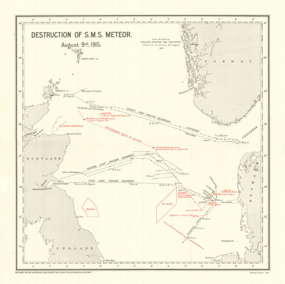 Destruction of S.M.S. Meteor August 9th 1915. Blockade of Germany. WW1. 1923 map