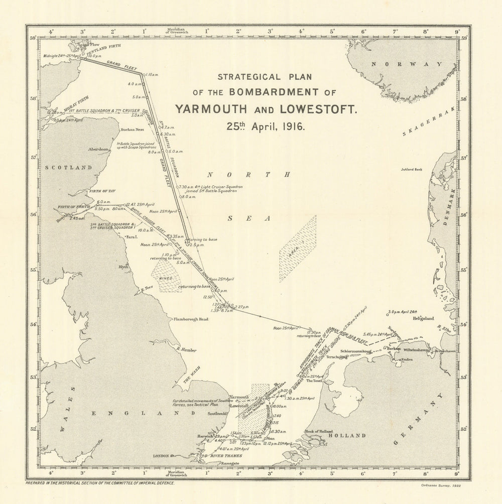Bombardment of Yarmouth & Lowestoft. 25th April, 1916. Strategic plan 1923 map