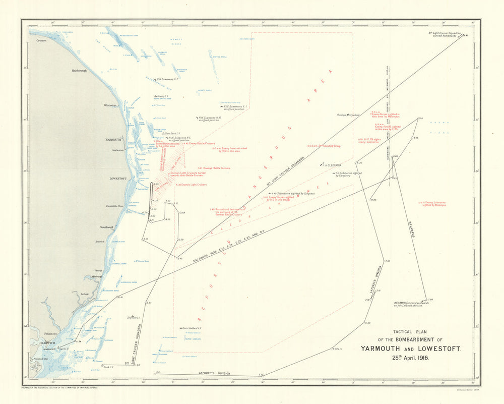 Bombardment of Yarmouth & Lowestoft. 25th April, 1916. Tactical plan 1923 map