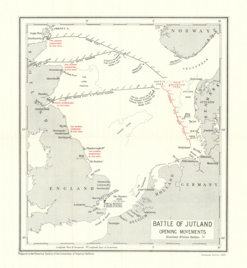 Battle of Jutland. Opening Movements. 31 May 1916. WW1. 1923 old antique map