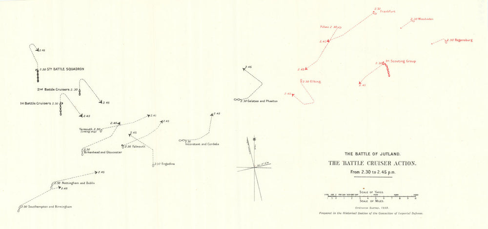 Battle of Jutland. Battle Cruiser Action 2.30-2.45 pm 31 May 1916. WW1. 1923 map