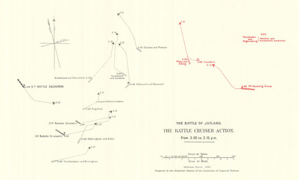 Battle of Jutland. Battle Cruiser Action 3.00-3.15 pm 31 May 1916. WW1. 1923 map