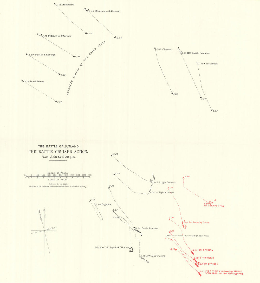 Battle of Jutland. Battle Cruiser Action 5.00-5.20 pm 31 May 1916. WW1. 1923 map