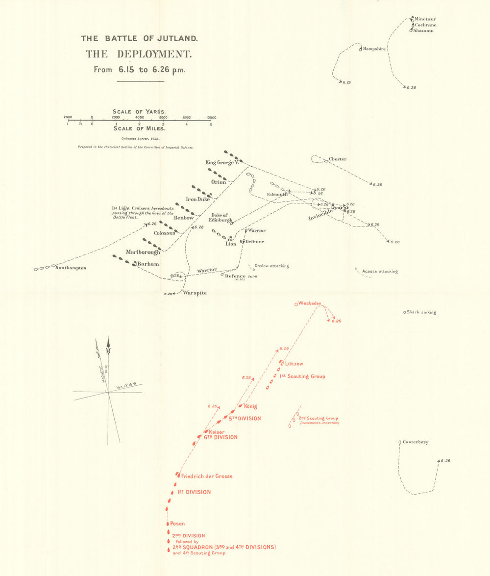 Battle of Jutland. Deployment. 6.15-6.26 pm 31 May 1916. WW1. 1923 old map
