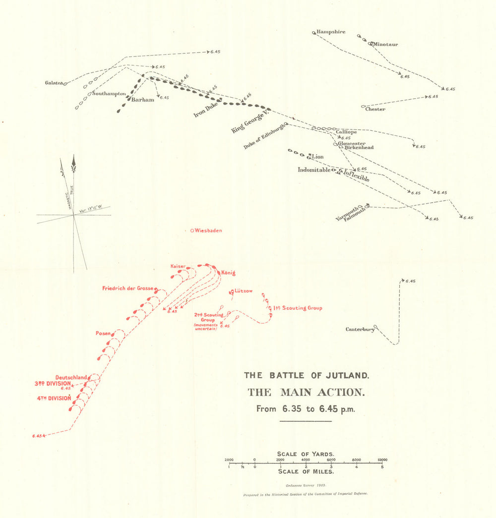 Battle of Jutland. Main Action. 6.35-6.45 pm 31 May 1916. WW1. 1923 old map