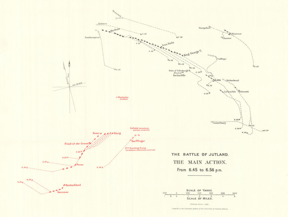 Battle of Jutland. Main Action. 6.45-6.56 pm 31 May 1916. WW1. 1923 old map