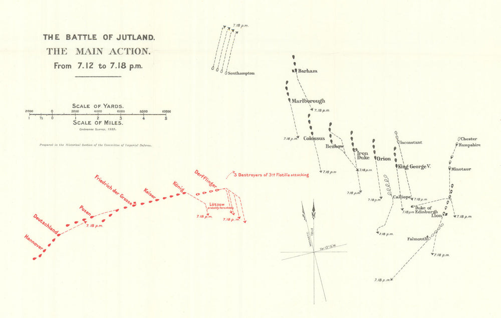 Battle of Jutland. Main Action. 7.12-7.18 pm 31 May 1916. WW1. 1923 old map