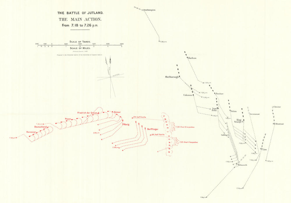 Battle of Jutland. Main Action. 7.18-7.26 pm 31 May 1916. WW1. 1923 old map