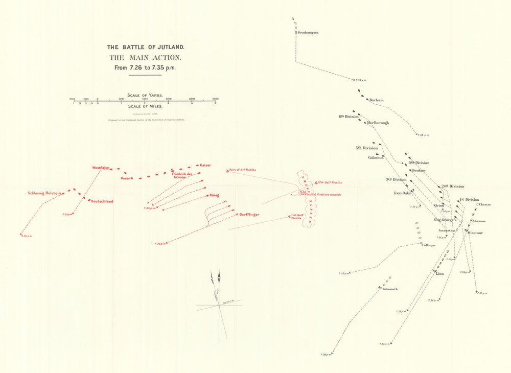 Battle of Jutland. Main Action. 7.26-7.35 pm 31 May 1916. WW1. 1923 old map