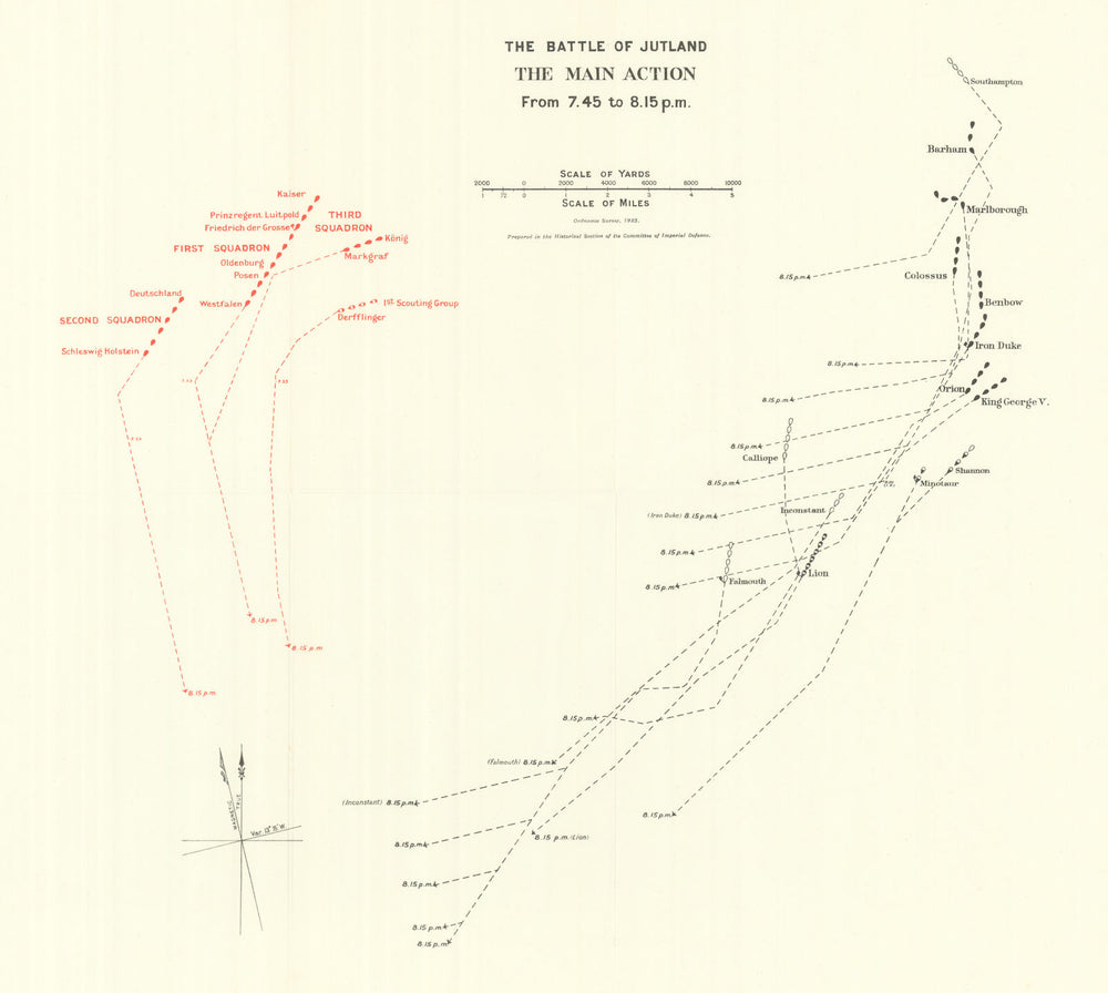 Battle of Jutland. Main Action. 7.45-8.15 pm 31 May 1916. WW1. 1923 old map